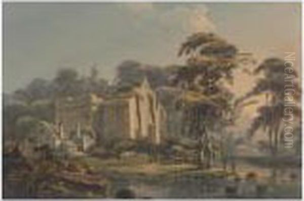 A Church Ruin In A River Landscape Oil Painting by Thomas Walmsley