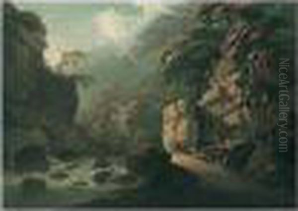 Travellers In A River Gorge Oil Painting by Thomas Walmsley