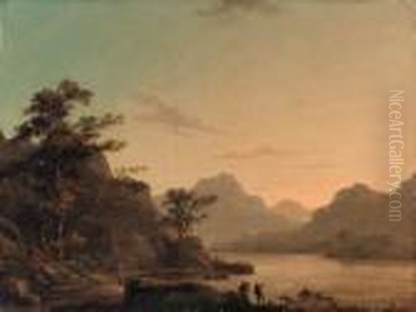 Ullswater From Gowbarrow Park, With A Figure Sketching In Theforeground Oil Painting by Thomas Walmsley