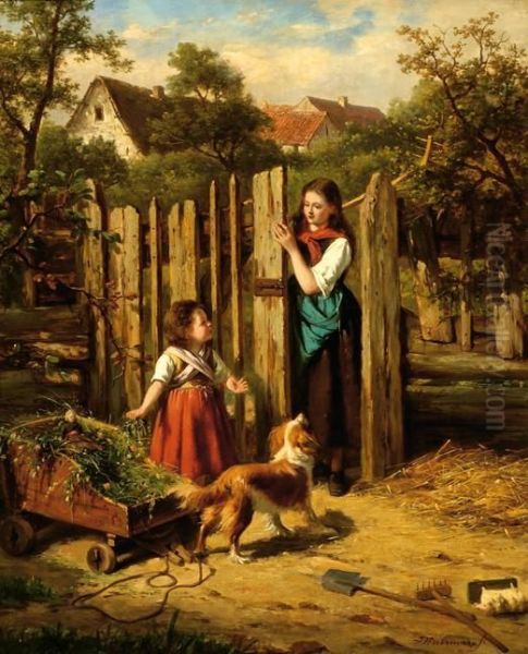 A Playing Girl With Her Dog On A Farm Yard Oil Painting by Jan Walraven