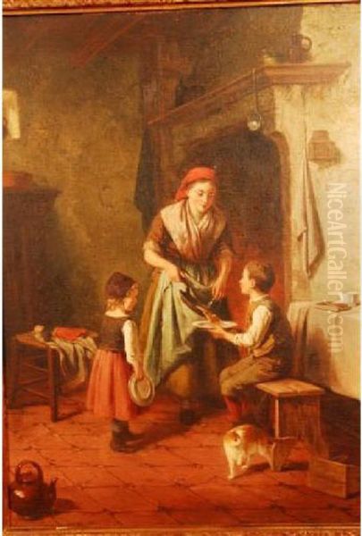 Mother Withdaughter And Son In A Kitchen Oil Painting by Jan Walraven