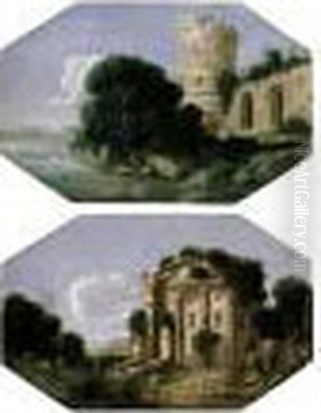 An Italianate Landscape With A Shepherd And Animals By A Ruined Roman Round Temple Oil Painting by Goffredo, Gottfried Wals