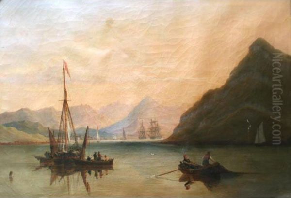 A Scene With Tall Ships And Fishing Boats Oil Painting by Joseph Walter