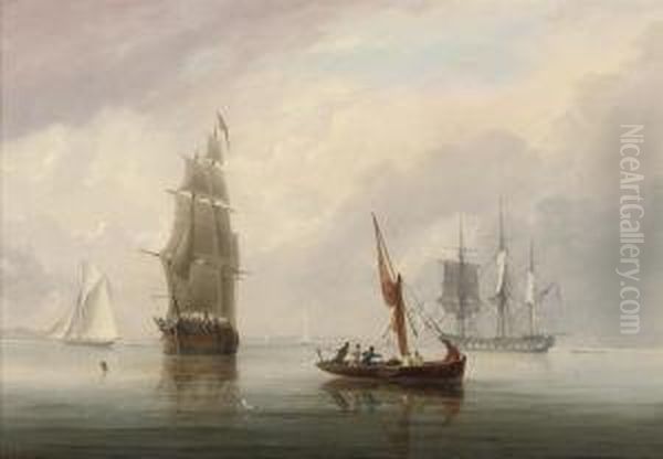 A Three-masted Merchantman In A 
Light Breeze Off Avonmouth, With Aroyal Navy Frigate Anchored And Drying
 Her Sails Offshore Oil Painting by Joseph Walter