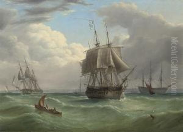 Two Large Frigates Running Into Spithead With A Flagship Of The Blue Anchored Beyond Oil Painting by Joseph Walter