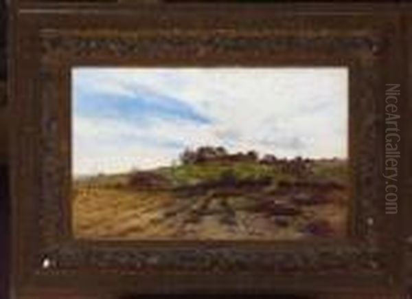 A Figure Gathering Kindling In An Autumn Field, A Village Church Beyond. Oil Painting by Alfred Walter Williams