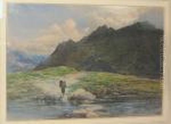 Landscape With Figure Stood At A River Bank, With Cattle And Mountains Beyond Oil Painting by Alfred Walter Williams