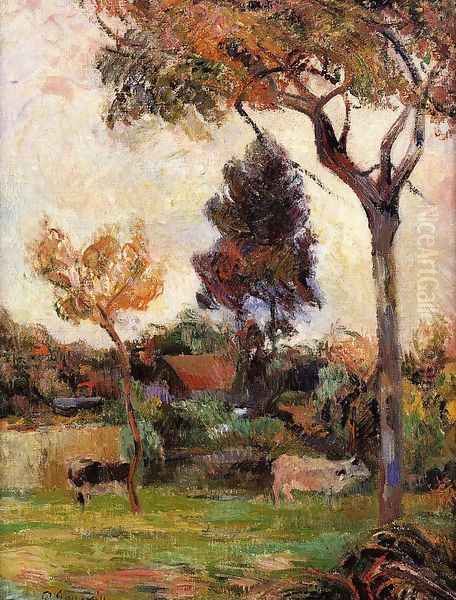 Two Cows In The Meadow Oil Painting by Paul Gauguin