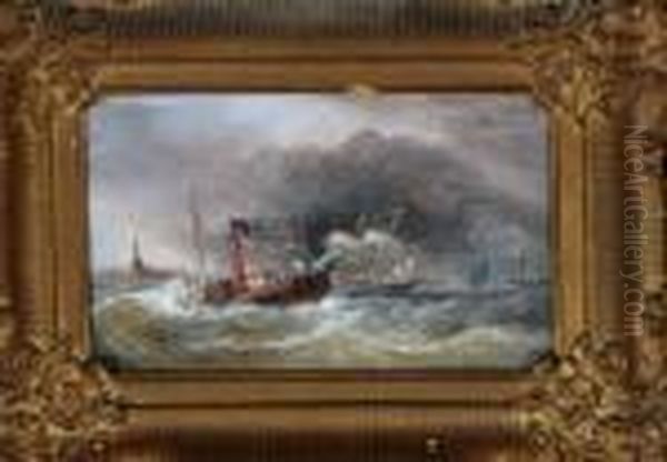 A Paddle Tug And Other Shipping Entering Port Before An Oncoming Storm Oil Painting by Samuel Walters