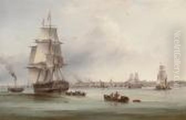 The Three-masted Merchantman 
Thames 
 Under Tow Off Gravesend Oil Painting by Samuel Walters