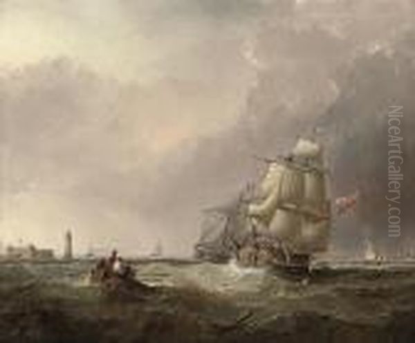 Commercial Traders Running Into The Mersey Past The Perch Rock Fortand Lighthouse Oil Painting by Samuel Walters