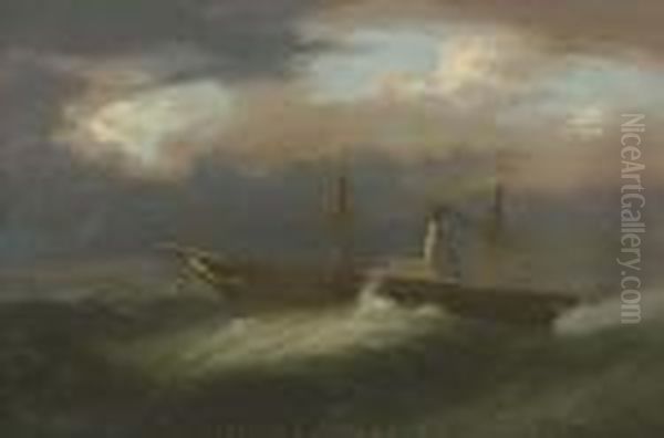 A Paddle Steamer Caught In A Gale Passing A Lighthouse Oil Painting by Samuel Walters