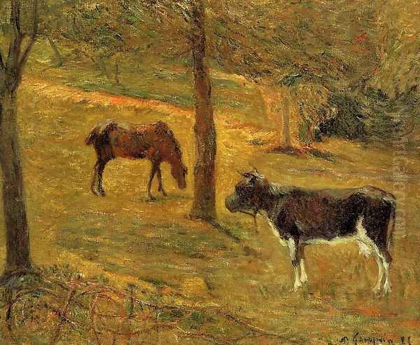 Horse And Cow In A Field Oil Painting by Paul Gauguin