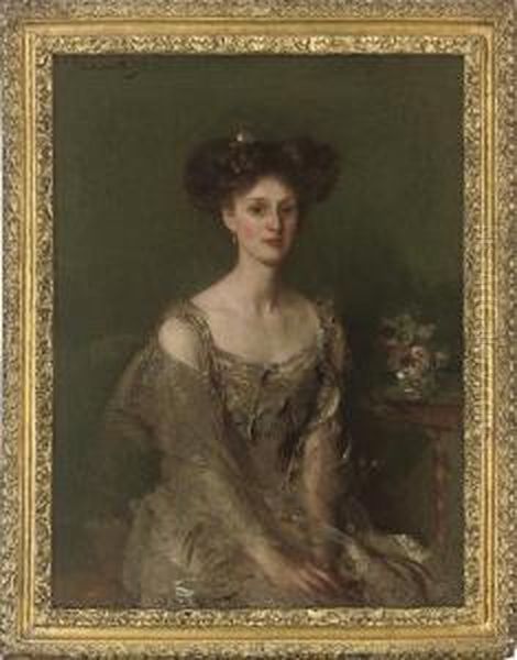 Portrait Of Emmy Mylne, Seated Three-quarter-length, In A Taupe Dress Oil Painting by Edward Arthur Walton