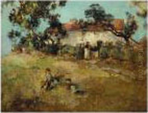 Children Playing Near A Cottage Oil Painting by Edward Arthur Walton