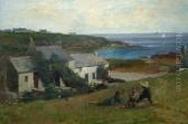 Coastal Scene With Children In The Foreground Oil Painting by Richard Wane