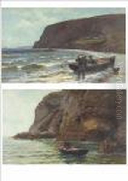 Fisherman In A Rowing Boat With 
Lobster Pots Beside A Rocky Coastline; Beach Scene With Two Fisherman 
Unloading The Catch, Cottages Beyond Both Signed, Oils On Canvas, Each 
41cm By 66.5cm See Illustration Oil Painting by Richard Wane