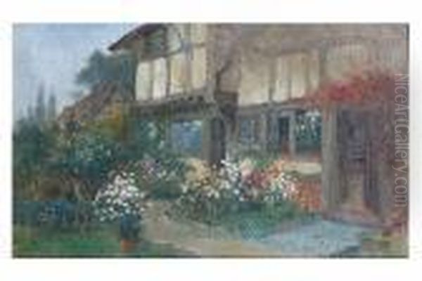 Half Timbered Country House With Rose Garden Oil Painting by Richard Wane