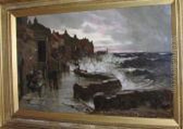 Fisherfolk On The Seafront At A Stormy Sunset, Signed, Oil On Canvas Oil Painting by Richard Wane