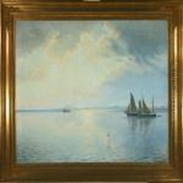 Horsens Fiord In Theevening Sun Oil Painting by Albert Edward Wang