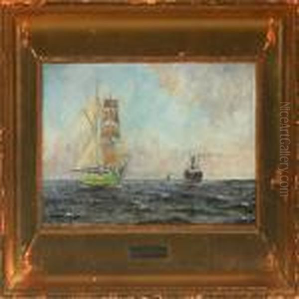 Sailing- And Steamships At Sea Oil Painting by Albert Edward Wang