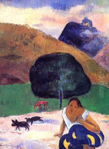 Landscape With Black Pigs And A Crouching Tahitian Oil Painting by Paul Gauguin