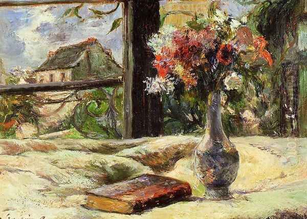 Vase Of Flowers And Window Oil Painting by Paul Gauguin