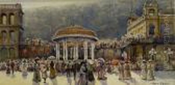 Scarborough Spa And Bandstand With Figures Promenading Oil Painting by Harry Wanless