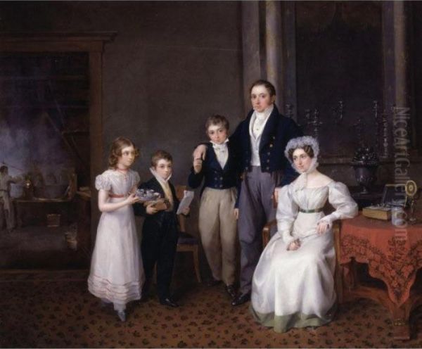 Portrait Of A Family With A Silversmith Foundry In The Background Oil Painting by Gustaaf Wappers