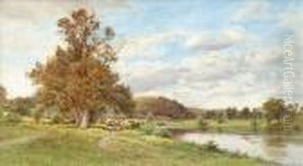 River Landscape Withcattle Beyond Oil Painting by Cyril Ward