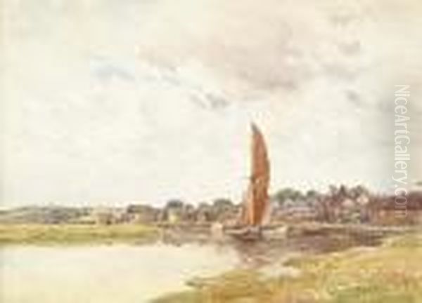 A Thames Barge On A River Oil Painting by Cyril Ward