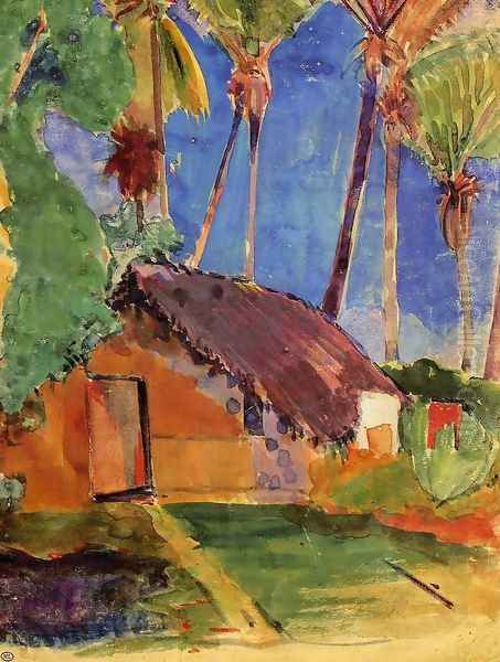 Thatched Hut under Palm Trees Oil Painting by Paul Gauguin