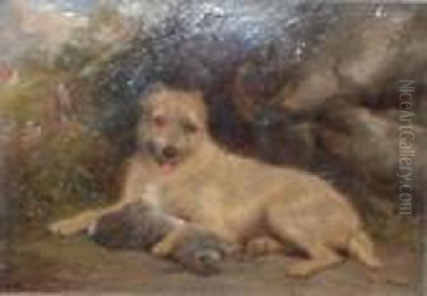 A Terrier With A Rabbit Oil Painting by Martin Theodore Ward