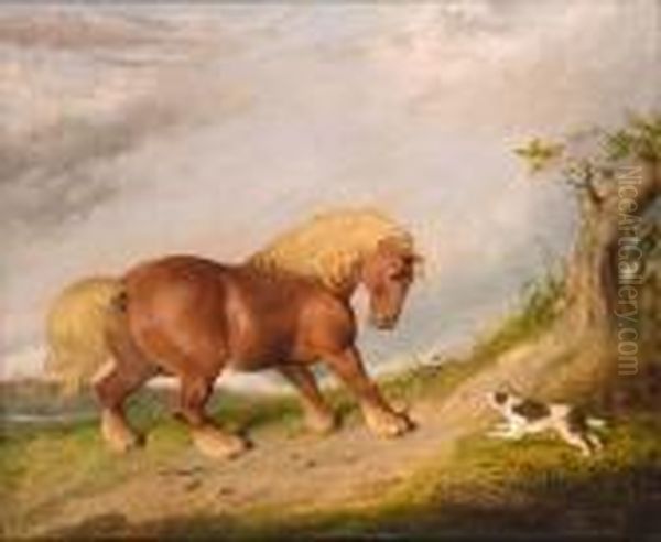 Portrait Of A Suffolk Punch With A Terrier Oil Painting by Martin Theodore Ward