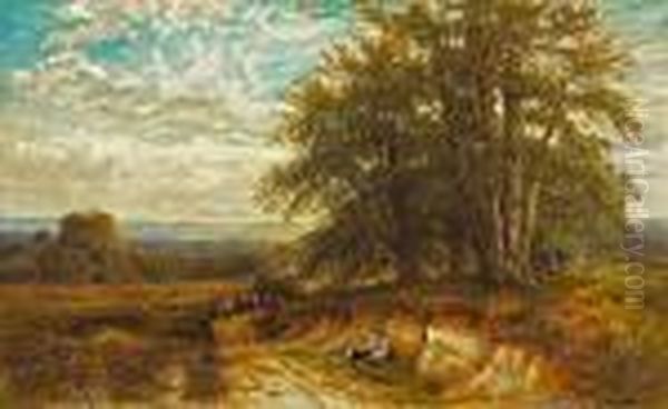 An Extensive Landscape With A 
Haywagon And Figures On The Road With Another Figure Resting In The 
Foreground Oil Painting by Edmund George Warren