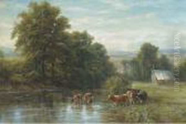 Cattle Watering, Summer Oil Painting by Edmund George Warren