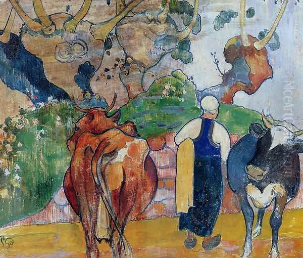 Peasant Woman And Cows In A Landscape Oil Painting by Paul Gauguin