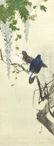 Toka Gunkyu No Zu (wisteria And Group Of Pigeons) Oil Painting by Seiti Shotei Watanabe