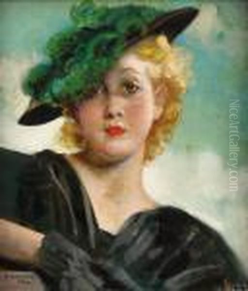 Elegante Au Chapeau Vert Oil Painting by Charles Joseph Watelet