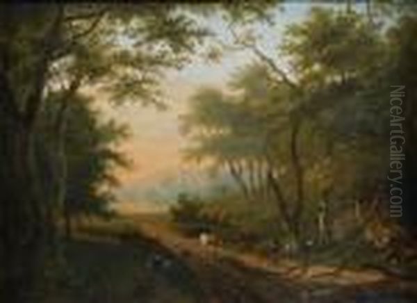 Bergers Et Leur Troupeau Sur Un Chemin Oil Painting by Charles Joseph Watelet