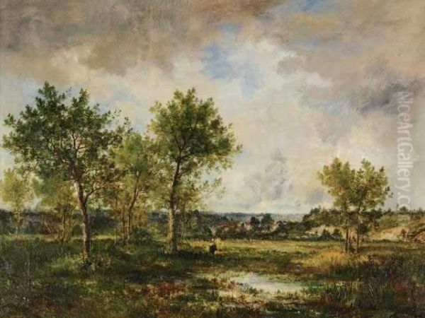 Boisiere En Foret, Au Fond Un Village Oil Painting by Louis-Francois-V. Watelin