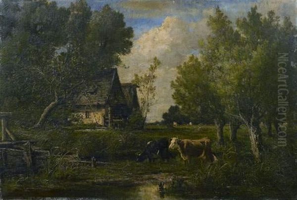 Troupeau Au Bord De La Riviere Oil Painting by Louis-Francois-V. Watelin