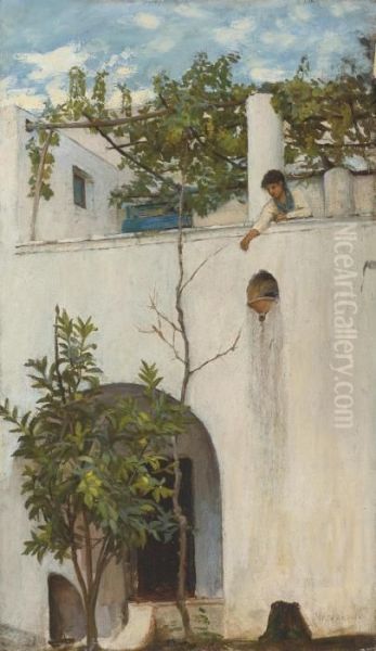 Lady On A Balcony, Capri Oil Painting by John William Waterhouse