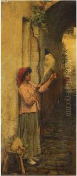 A Neapolitan Flax Spinner Oil Painting by John William Waterhouse