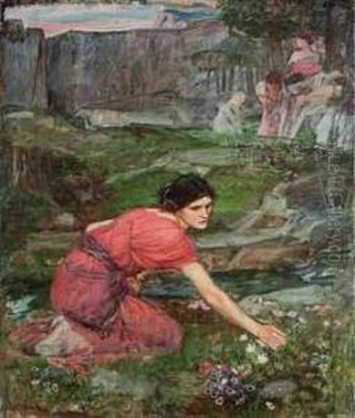 Maidens Picking Flowers By A Stream Oil Painting by John William Waterhouse