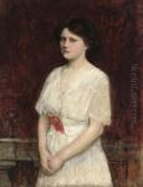 Portrait Of Miss Claire Kenworthy, Half Length, In A White Dress Oil Painting by John William Waterhouse