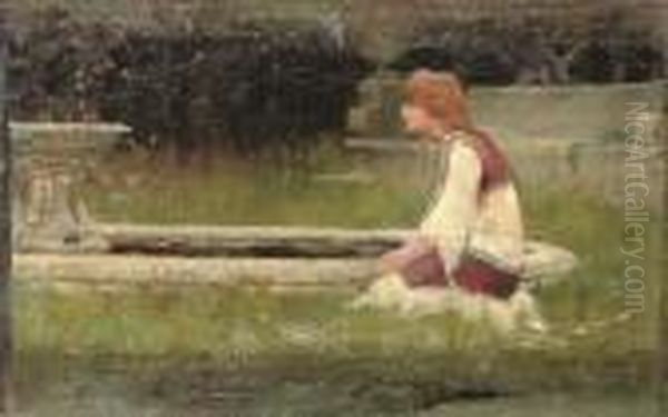 Girl Kneeling By Fountain Oil Painting by John William Waterhouse