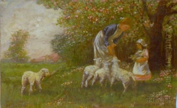 Feeding The Spring Lambs Oil Painting by Ernest Albert Waterlow