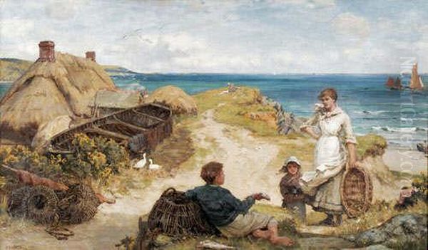 Showing Off His Catch A Coastallandscape With Fisherfolk Oil Painting by Ernest Albert Waterlow