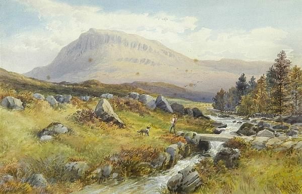 A Herdsman And His Dog In An Extensive Highland Landscape Oil Painting by Ernest Albert Waterlow